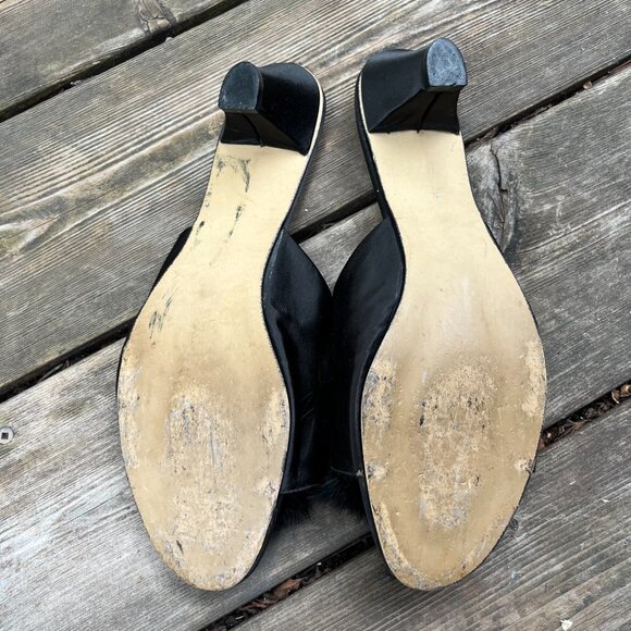 Vintage Real Fur Boudoir Heels Black Satin Slip-On Slippers Classic Glam - Picture 2 of 2